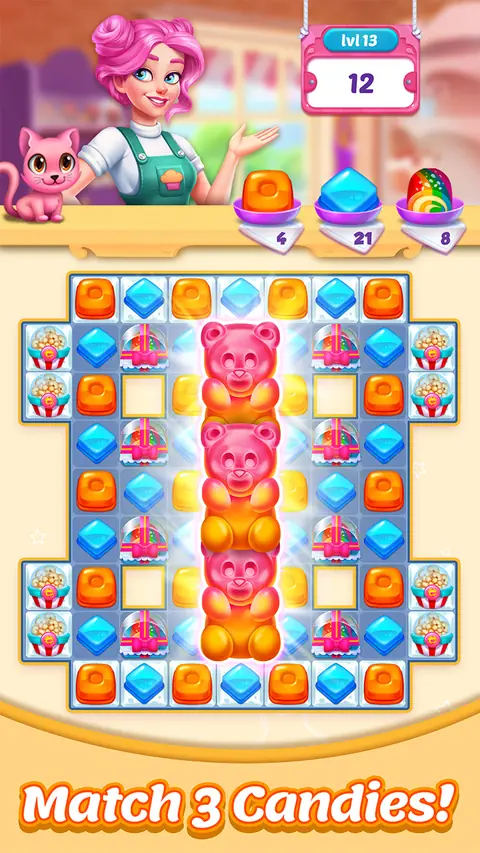 Candy and cake match-3 board in Bonbons Crush Legend with a glowing stacked centre column
