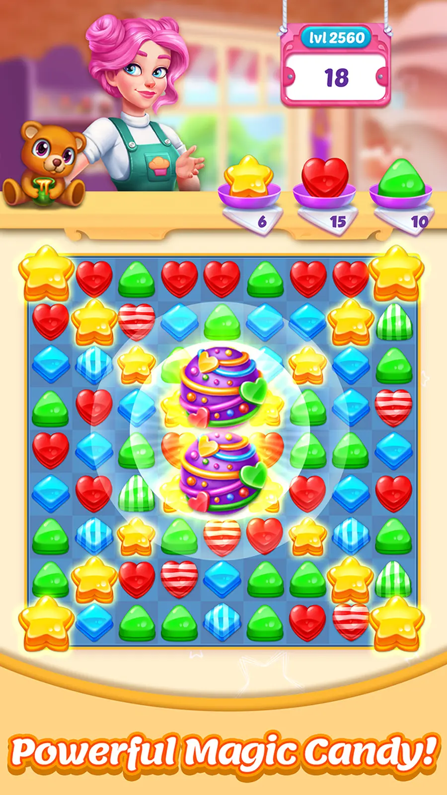 Bonbons Crush Legend shop counter screen showing a level goal reward tray