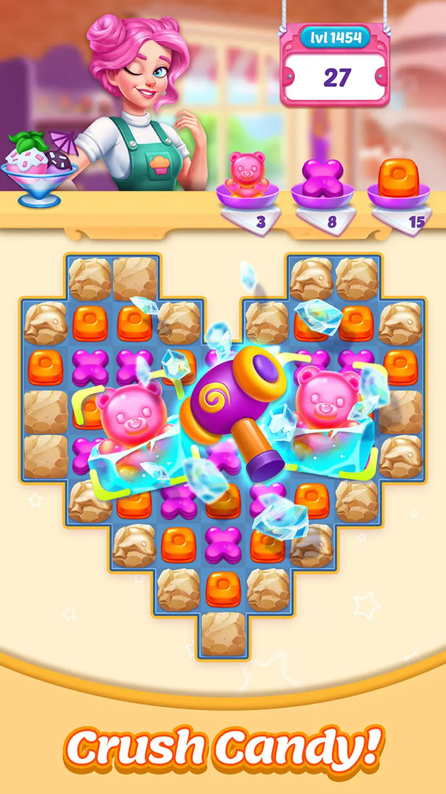 Bonbons Crush Legend board mid-match with a two-tier iced cake booster active