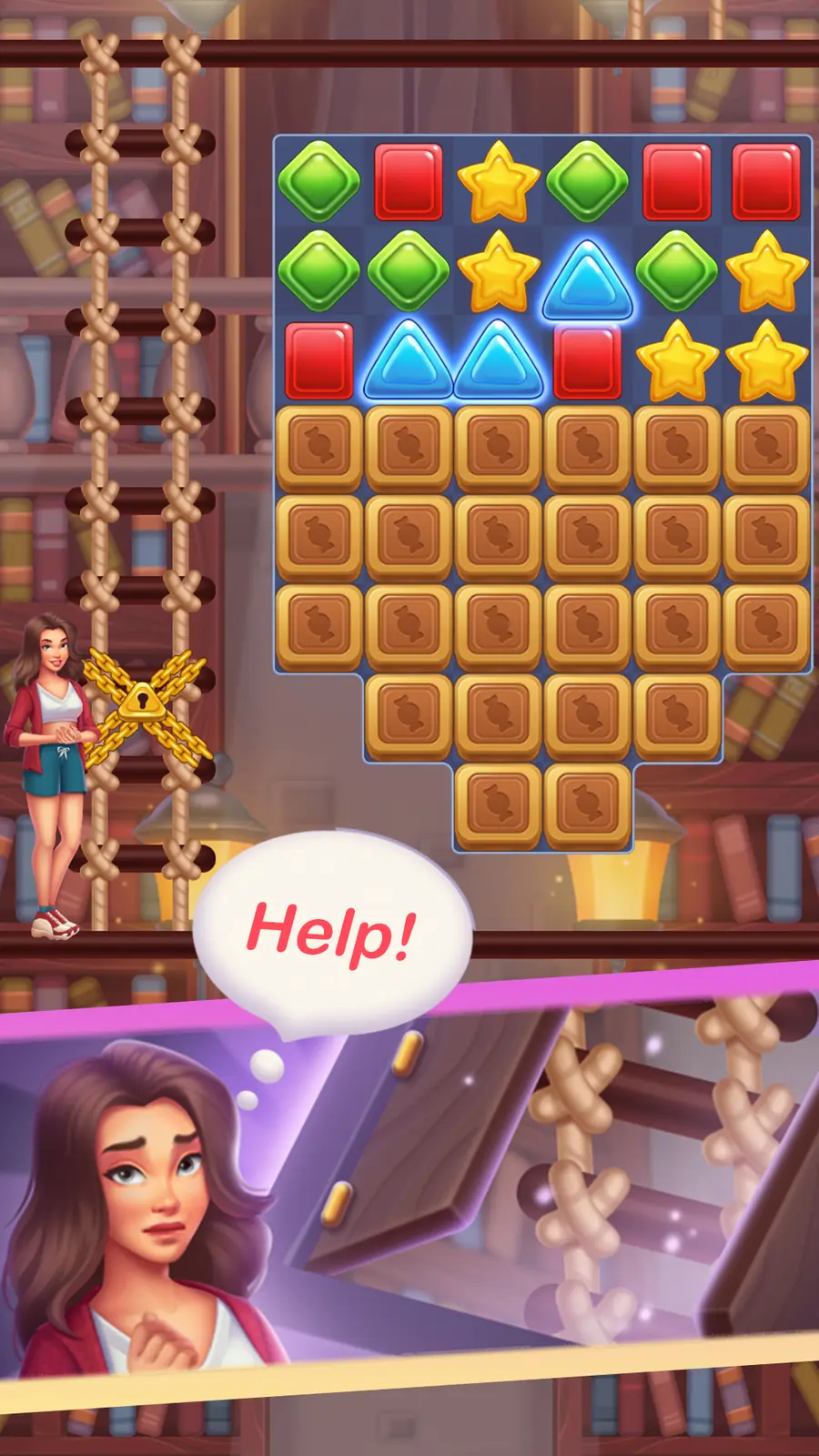 Candy Blast Jigsaw Puzzle board with a help dialogue bubble between two characters