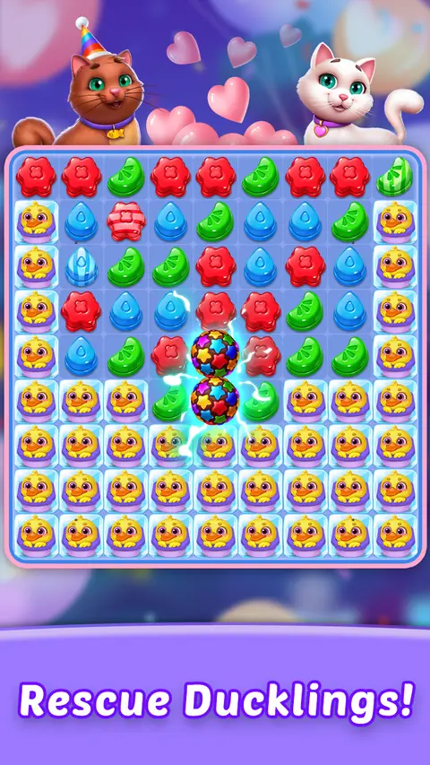 Candy Fever Smash heart-shaped board filled with duckling and candy tiles
