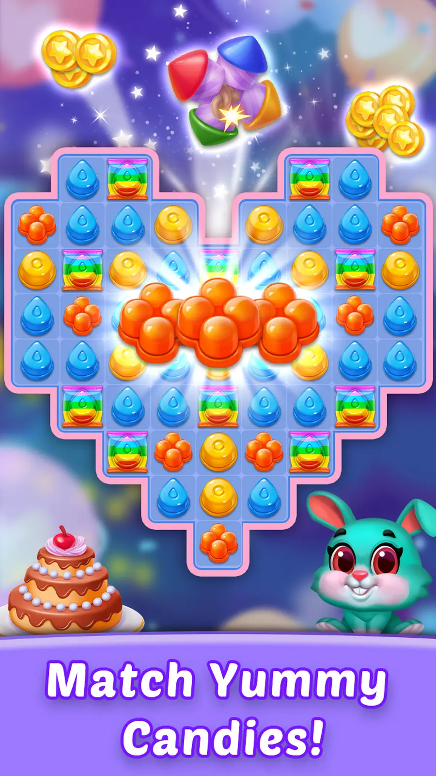 Candy Fever Smash heart board with a bunny mascot after a large cascade