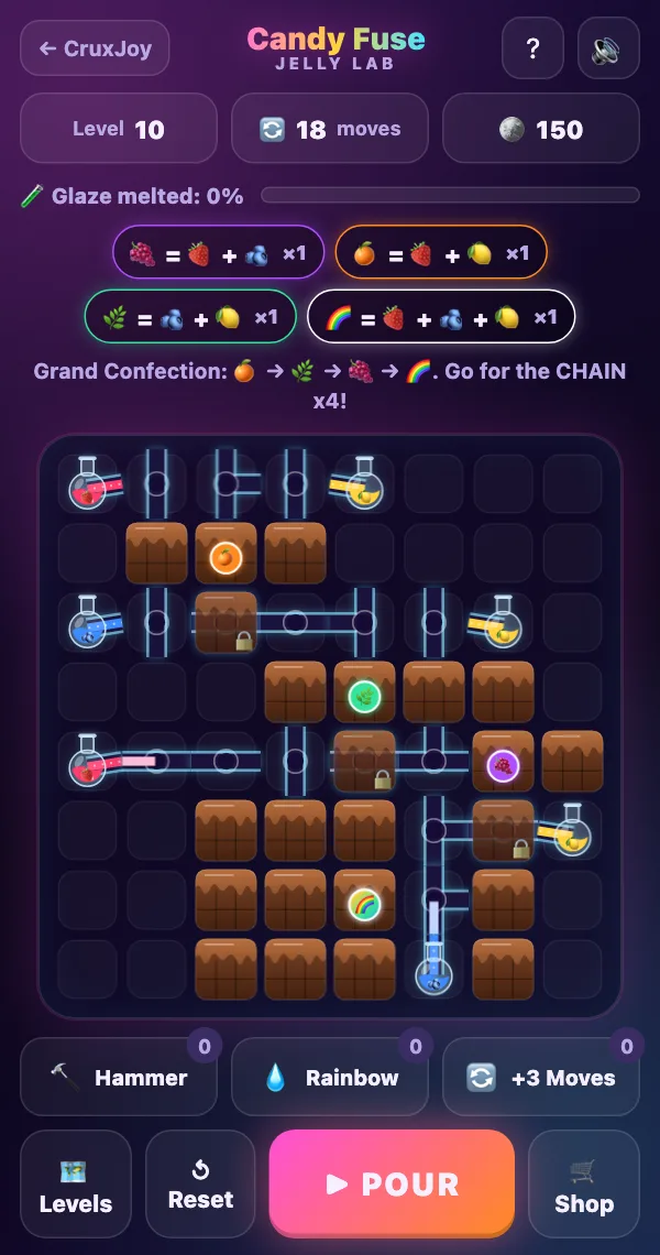 Candy Fuse level 10 board with four chocolate blocks, three coated tubes and seven flasks