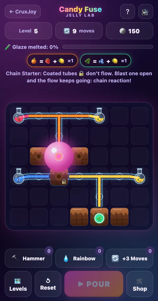 Candy Fuse level 5: an orange candy blowing a bubble-gum bubble next to a chocolate-coated tube