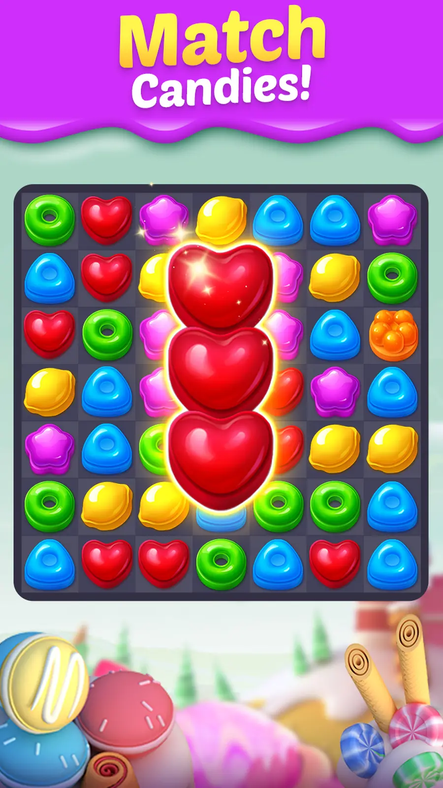 Candy Smash Mania match candies text screen showing the swap-and-clear board