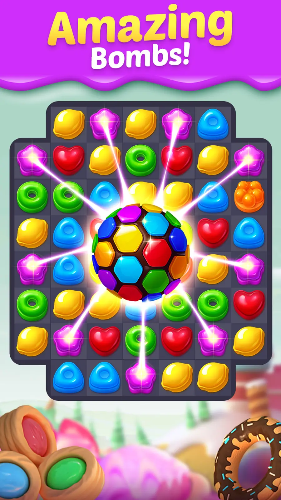 Candy Smash Mania round soccer-ball-shaped bomb piece clearing a wide radius