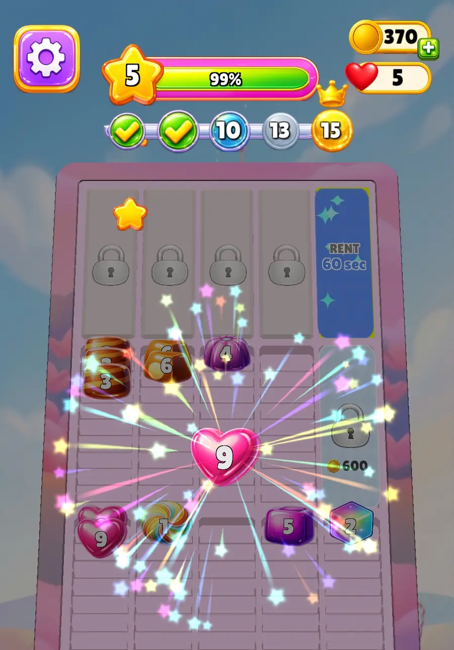 Candy Sort Merge Puzzle round with a starburst effect on a merged super-stack