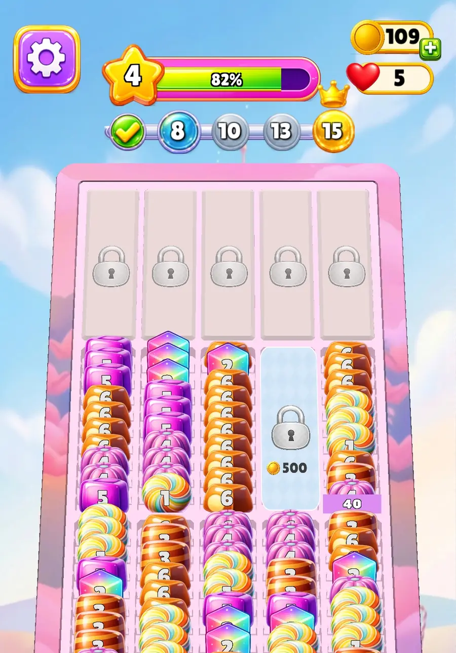 Candy Sort Merge Puzzle shop screen with locked slots and trade tools