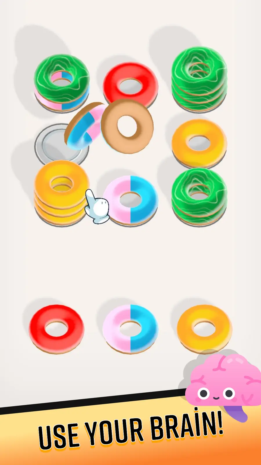 Candy Sort Puzzle donut sorting board with pegs holding stacks of different donut colours