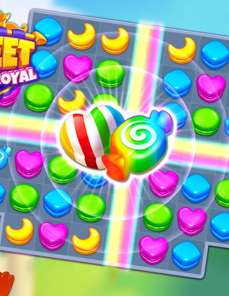 Sweet Crush Royal match-3 grid with crescent, heart, and square candy pieces